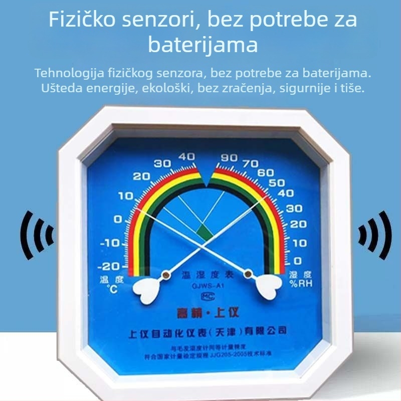 Termohigrometar za industrijsku i kućnu upotrebu, za unutarnje staklenike, laboratorije i ljekarne, uz dokument o kalibracijskom ispitivanju.