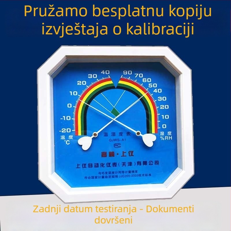 Termohigrometar za industrijsku i kućnu upotrebu, za unutarnje staklenike, laboratorije i ljekarne, uz dokument o kalibracijskom ispitivanju.
