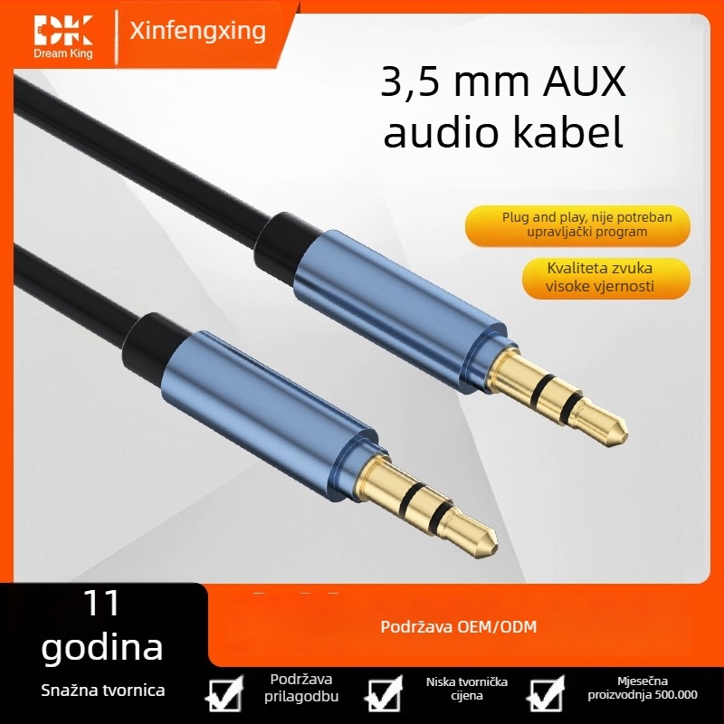 AUX audio kabel sa kućištem od cinkovog legura, 3,5 mm muško–muško, TPE, duljina 1 m, automobilno povezivanje