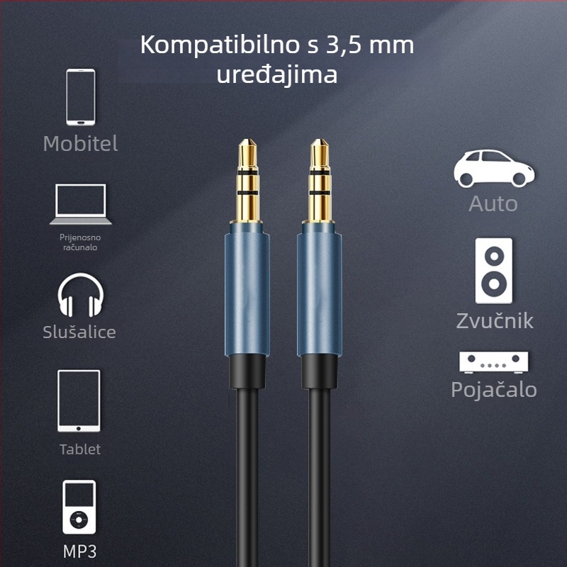 AUX audio kabel sa kućištem od cinkovog legura, 3,5 mm muško–muško, TPE, duljina 1 m, automobilno povezivanje