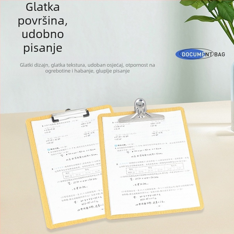 Drveni clipboard za dokumente i ispite – materijal: drvo; tip držača: jednostruka držač; debljina ploče: 180; veličina pričvršćivanja: 10 cm; papir veličine: A4/A5