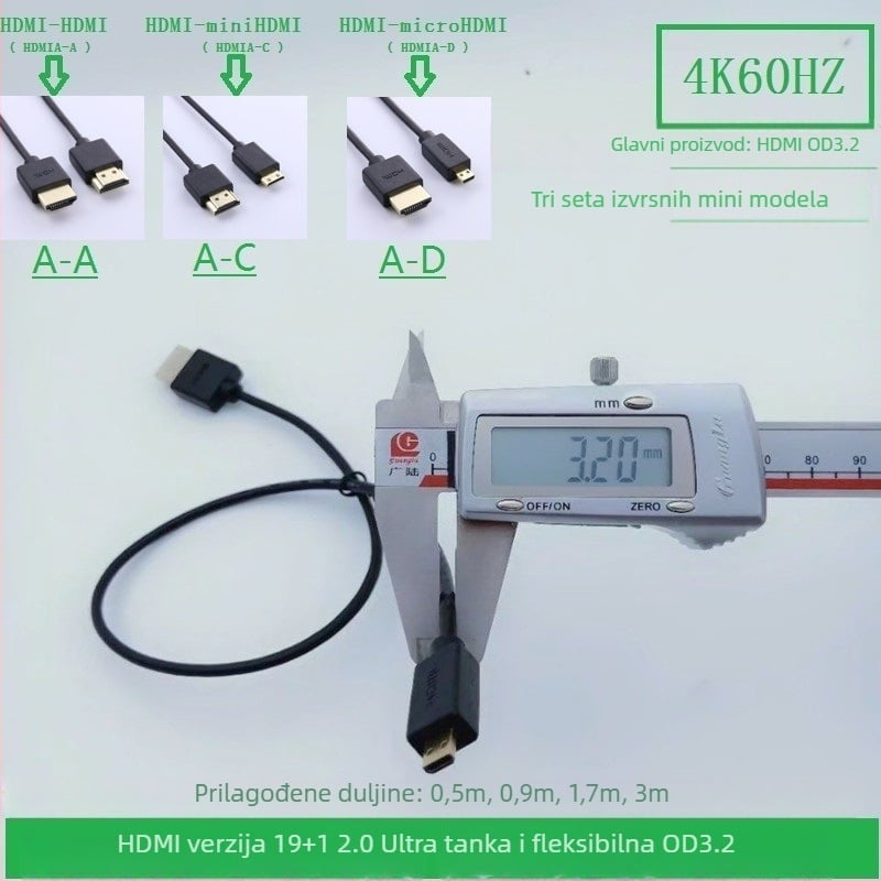 HDMI kabel 2.0, bakar bez kisika, pleteni štit, zlatno premazan, konektori A-A/A-C/A-D, 4K60Hz