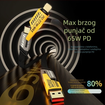 Speed Bird kabel za podatke 4-u-1 s PD65W brzim punjenjem, Lightning i USB-C, opleten od cinkovog legura