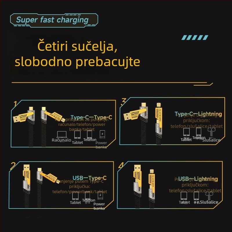 Speed Bird kabel za podatke 4-u-1 s PD65W brzim punjenjem, Lightning i USB-C, opleten od cinkovog legura