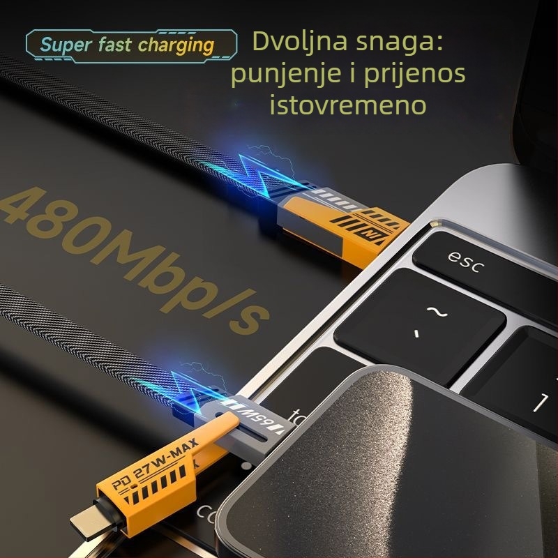 Speed Bird kabel za podatke 4-u-1 s PD65W brzim punjenjem, Lightning i USB-C, opleten od cinkovog legura
