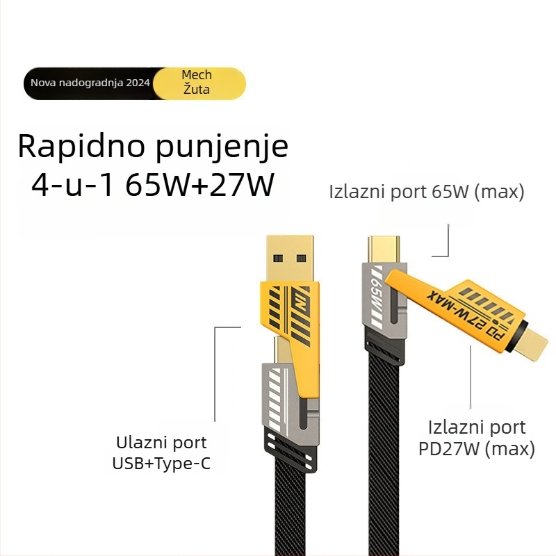 Speed Bird kabel za podatke 4-u-1 s PD65W brzim punjenjem, Lightning i USB-C, opleten od cinkovog legura