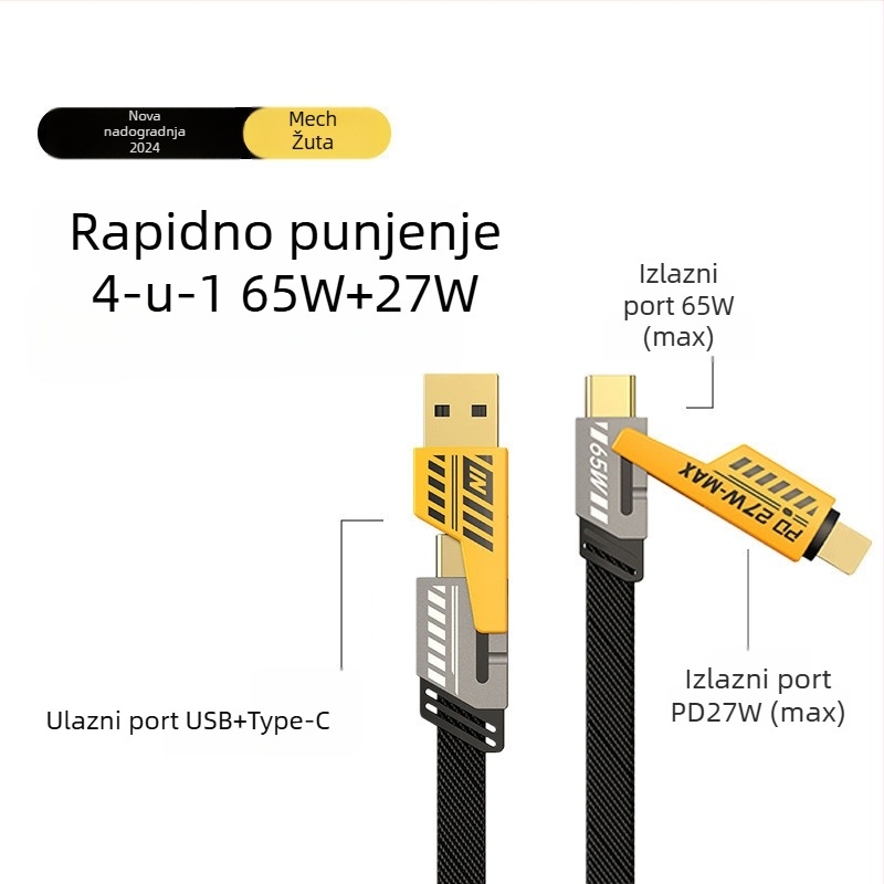 Speed Bird kabel za podatke 4-u-1 s PD65W brzim punjenjem, Lightning i USB-C, opleten od cinkovog legura