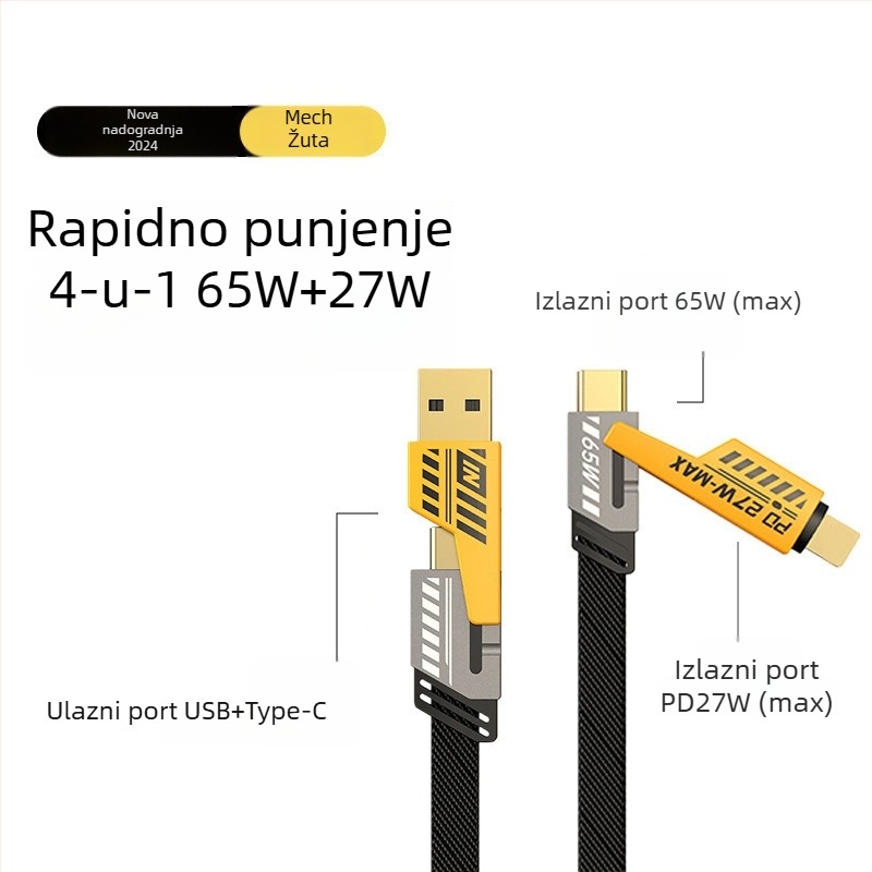 Speed Bird kabel za podatke 4-u-1 s PD65W brzim punjenjem, Lightning i USB-C, opleten od cinkovog legura
