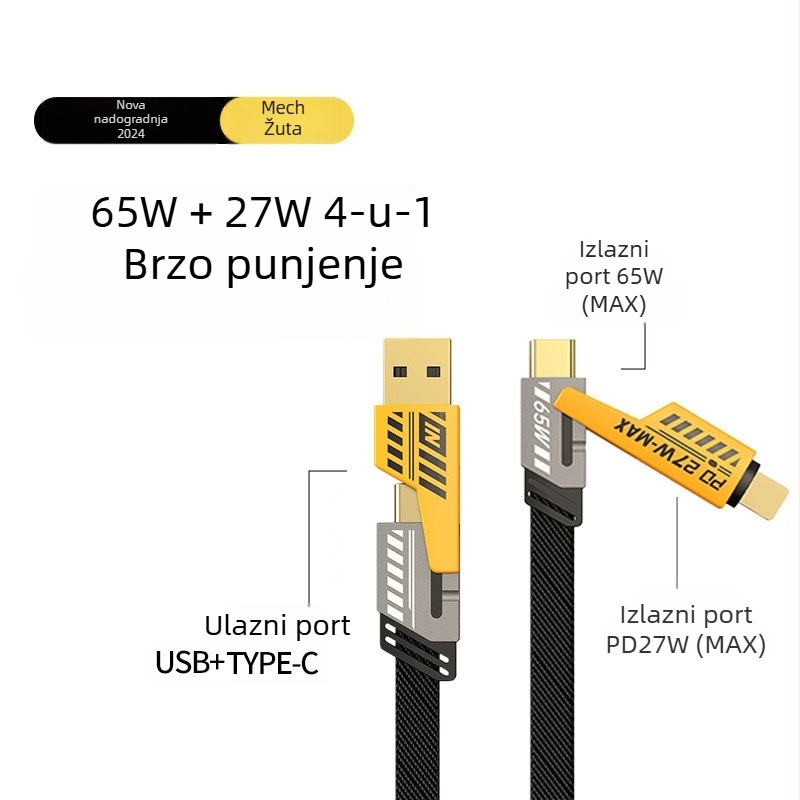 Speed Bird kabel za podatke 4-u-1 s PD65W brzim punjenjem, Lightning i USB-C, opleten od cinkovog legura