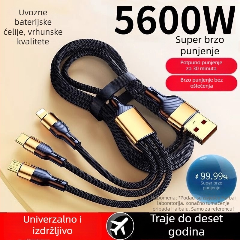 3-u-1 USB podatkovni kabel, 100W, za Apple, Android i Type-C – kabel za punjenje u automobilu, 6A
