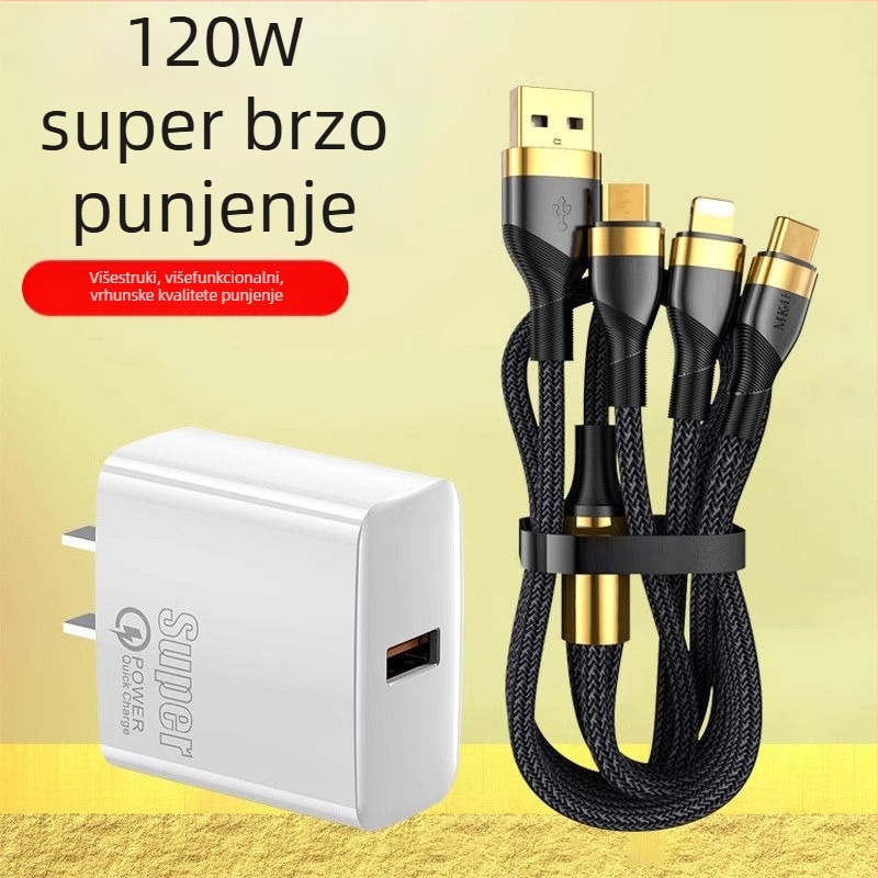 3-u-1 USB podatkovni kabel, 100W, za Apple, Android i Type-C – kabel za punjenje u automobilu, 6A