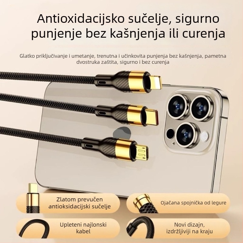 3-u-1 USB podatkovni kabel, 100W, za Apple, Android i Type-C – kabel za punjenje u automobilu, 6A
