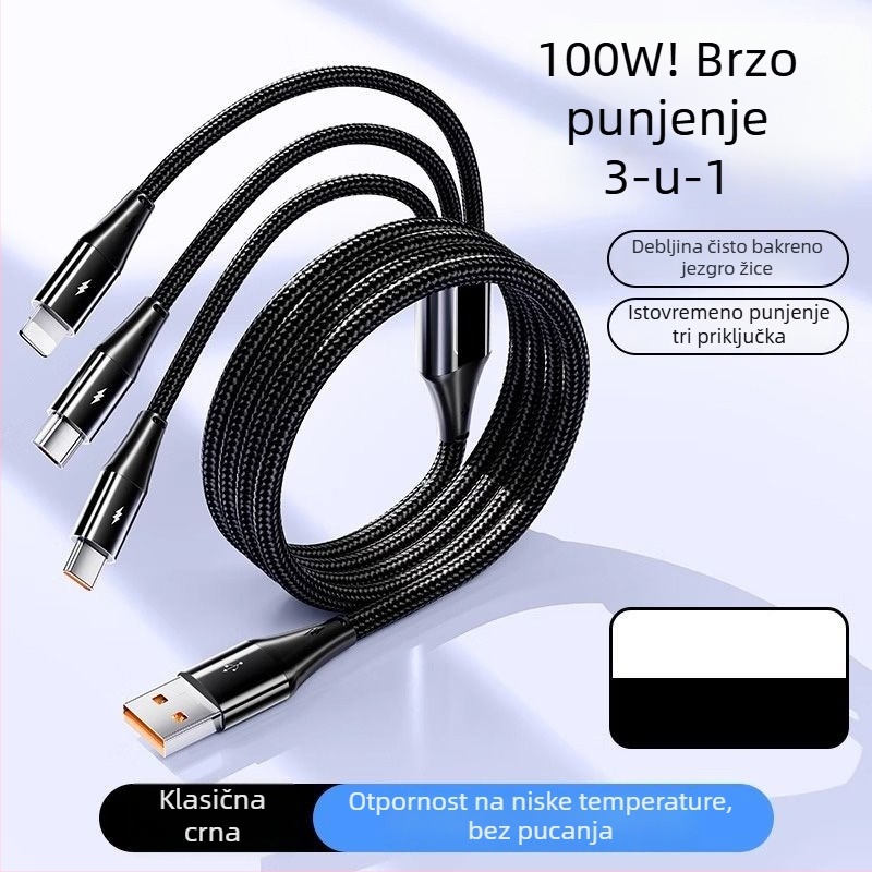 3-u-1 USB podatkovni kabel, 100W, za Apple, Android i Type-C – kabel za punjenje u automobilu, 6A