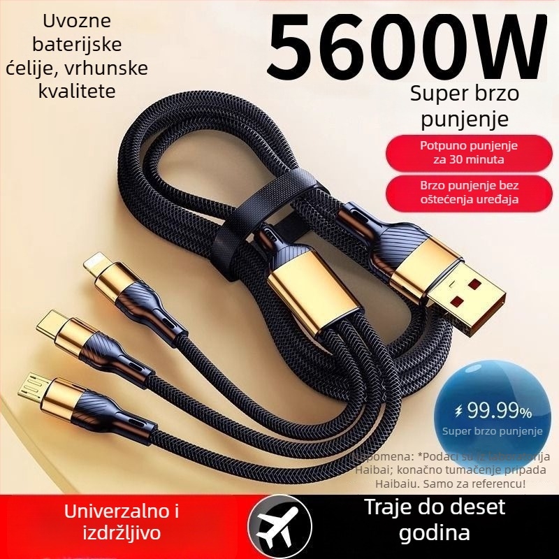 3-u-1 USB podatkovni kabel, 100W, za Apple, Android i Type-C – kabel za punjenje u automobilu, 6A