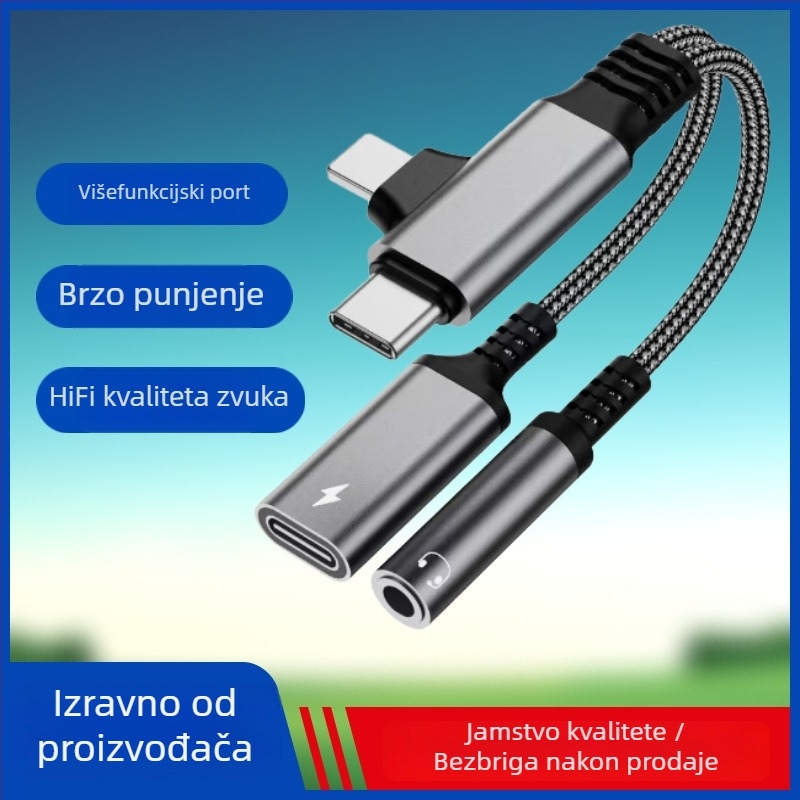 Type-C audio i punjački adapter kabel 2-u-1 za Apple, Huawei, Samsung; niklano premaz, bakrena jezgra, ROHS certificirano