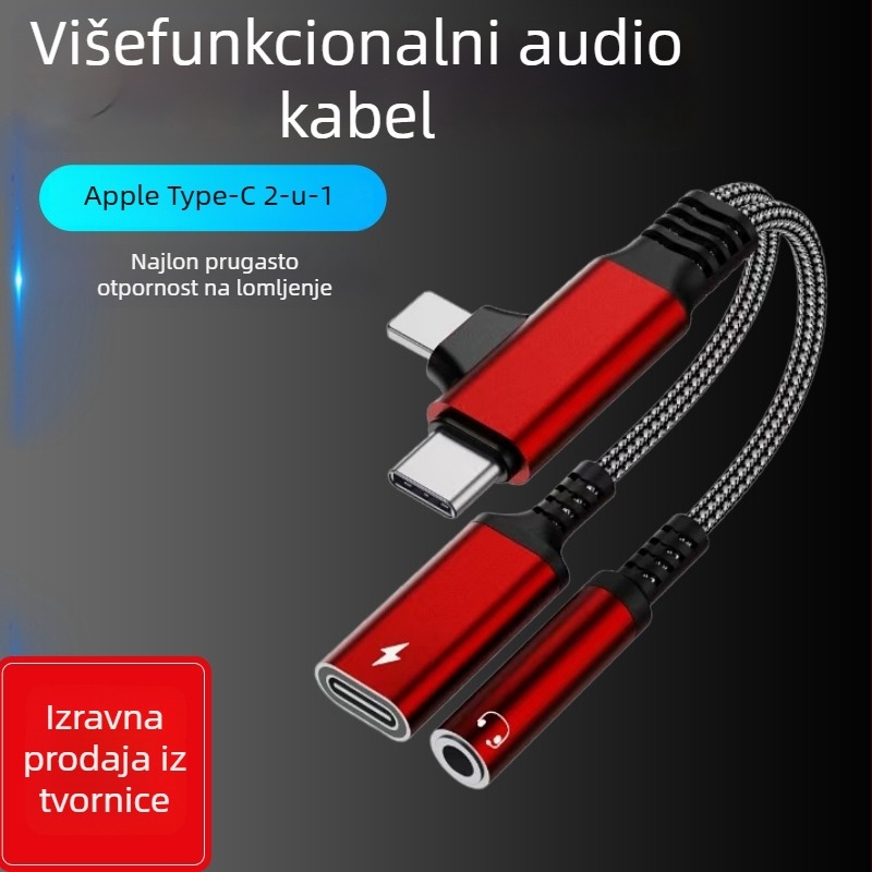 Type-C audio i punjački adapter kabel 2-u-1 za Apple, Huawei, Samsung; niklano premaz, bakrena jezgra, ROHS certificirano
