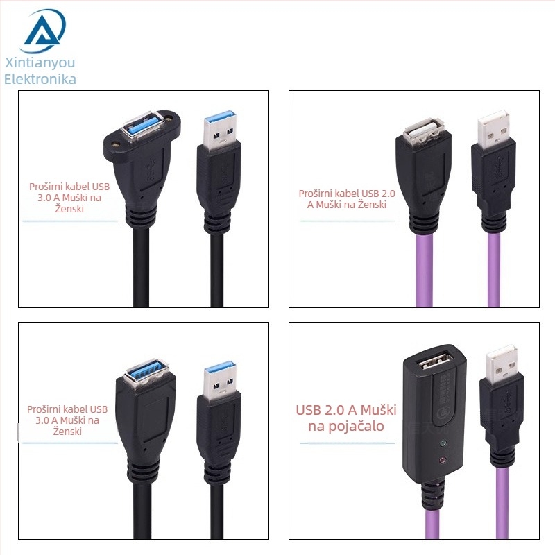 Industrijski USB2.0 kabel za kameru, Shin Tian You, duljina 1-10 m, proces proizvodnje: injekcijsko oblikovanje, kontakti zlatno obloženi bakar, PVC kabel
