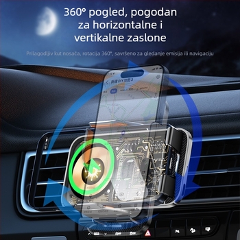 Bežični držač za telefon u automobilu s navigacijskom podrškom, držač na ventilaciju, vakuumsko učvršćenje, bežično punjenje 15W (automatsko prepoznavanje 10W/7.5W), ulaz 5V/2A, 9V/1.67A