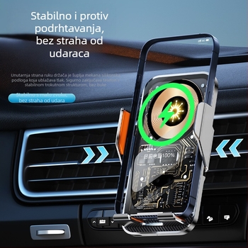 Bežični držač za telefon u automobilu s navigacijskom podrškom, držač na ventilaciju, vakuumsko učvršćenje, bežično punjenje 15W (automatsko prepoznavanje 10W/7.5W), ulaz 5V/2A, 9V/1.67A