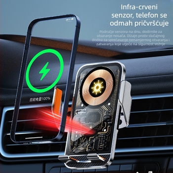 Bežični držač za telefon u automobilu s navigacijskom podrškom, držač na ventilaciju, vakuumsko učvršćenje, bežično punjenje 15W (automatsko prepoznavanje 10W/7.5W), ulaz 5V/2A, 9V/1.67A