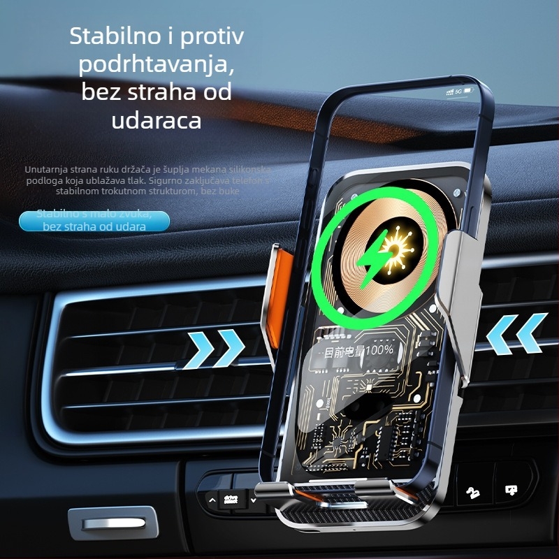 Bežični držač za telefon u automobilu s navigacijskom podrškom, držač na ventilaciju, vakuumsko učvršćenje, bežično punjenje 15W (automatsko prepoznavanje 10W/7.5W), ulaz 5V/2A, 9V/1.67A