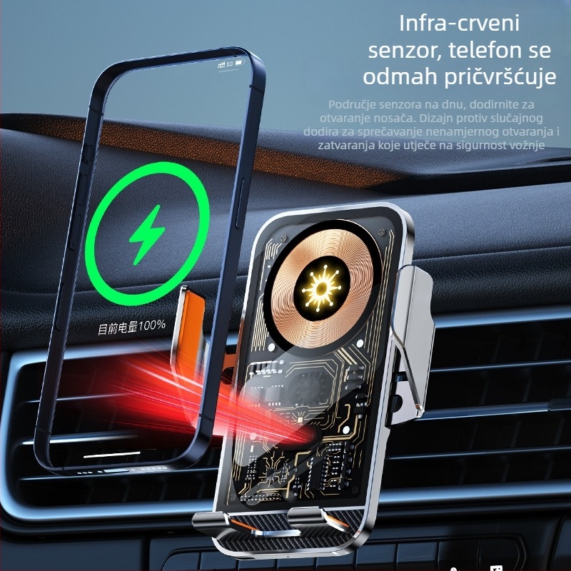 Bežični držač za telefon u automobilu s navigacijskom podrškom, držač na ventilaciju, vakuumsko učvršćenje, bežično punjenje 15W (automatsko prepoznavanje 10W/7.5W), ulaz 5V/2A, 9V/1.67A