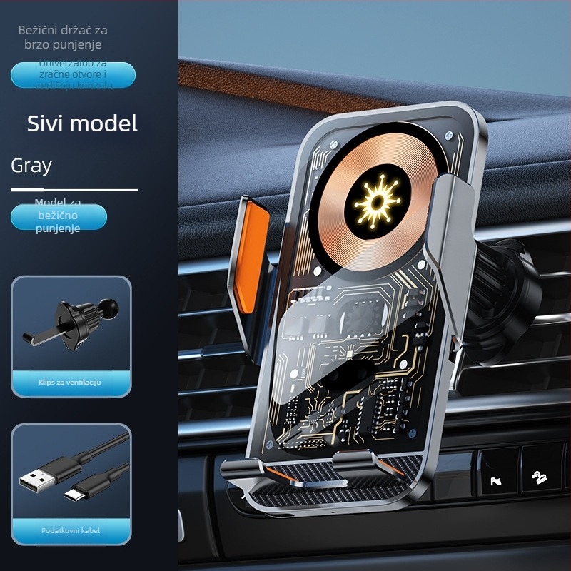 Bežični držač za telefon u automobilu s navigacijskom podrškom, držač na ventilaciju, vakuumsko učvršćenje, bežično punjenje 15W (automatsko prepoznavanje 10W/7.5W), ulaz 5V/2A, 9V/1.67A