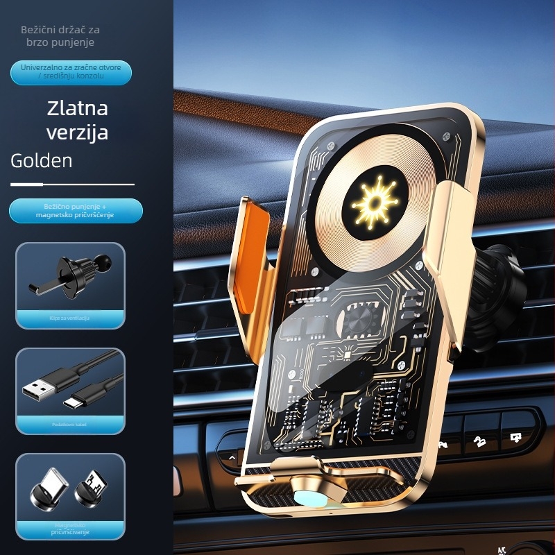 Bežični držač za telefon u automobilu s navigacijskom podrškom, držač na ventilaciju, vakuumsko učvršćenje, bežično punjenje 15W (automatsko prepoznavanje 10W/7.5W), ulaz 5V/2A, 9V/1.67A