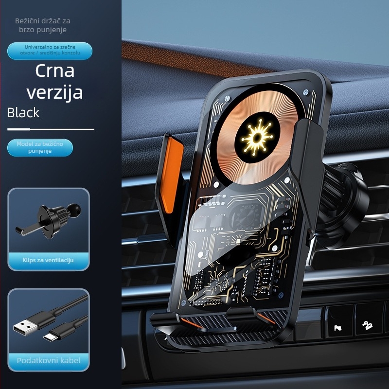 Bežični držač za telefon u automobilu s navigacijskom podrškom, držač na ventilaciju, vakuumsko učvršćenje, bežično punjenje 15W (automatsko prepoznavanje 10W/7.5W), ulaz 5V/2A, 9V/1.67A
