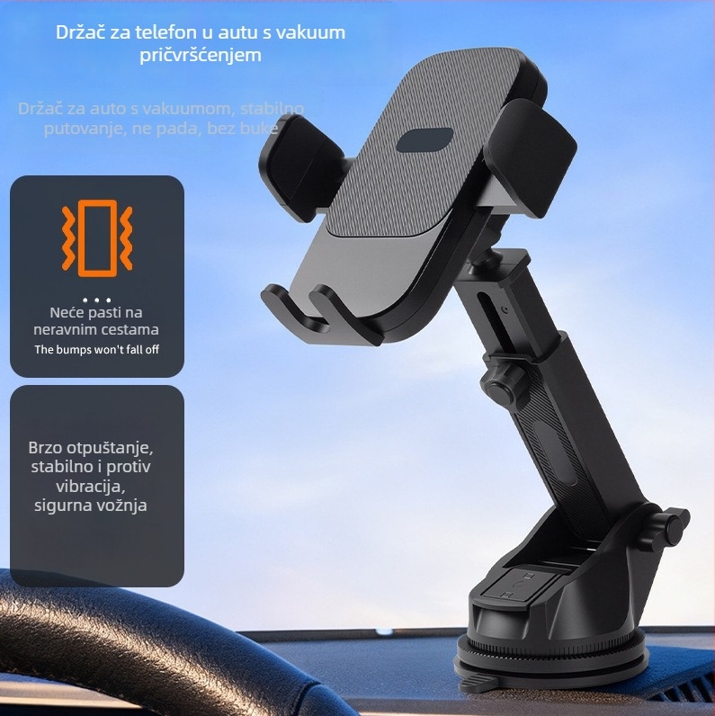 Auto držač za telefon, podesiv po visini, sklopiv, s velikom vakuumskom čašom, 360° rotacija, universalni držač ploče.