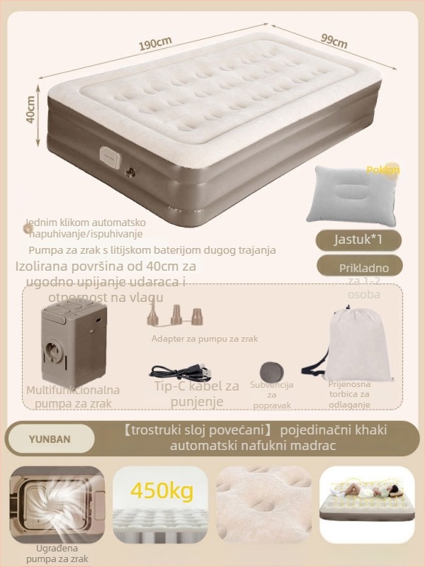 Naduvavanje kreveta za kampiranje s podignutom plišanom površinom, automatsko naduvavanje, 7,5 kg, nosivost 450 kg