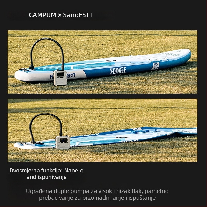 Campum 12V električna pumpa s dvostrukim cilindrom za nafukivne čamce, paddleboardove i zračne jastuke – protok 70 L/min, 120 W, digitalni zaslon
