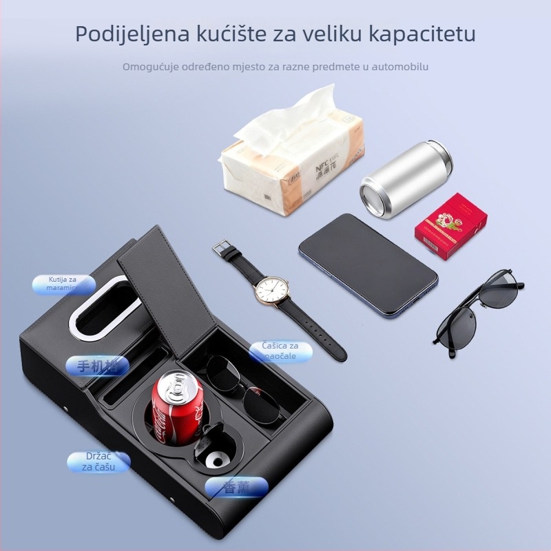 Kožni pretinac za naslon za ruku automobila s povećavajućom kutijom za pohranu, držačem maramica i držačem čaša — univerzalno, prilagodljivo, višenamjenski organizator