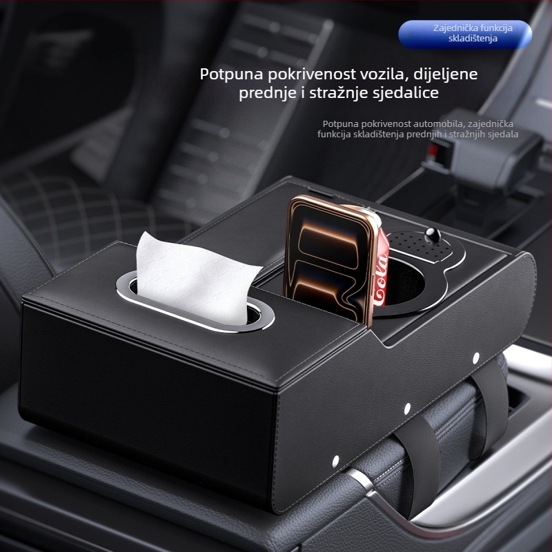 Kožni pretinac za naslon za ruku automobila s povećavajućom kutijom za pohranu, držačem maramica i držačem čaša — univerzalno, prilagodljivo, višenamjenski organizator