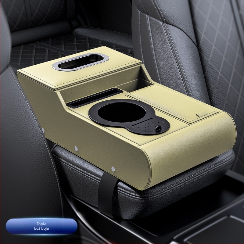 Kožni pretinac za naslon za ruku automobila s povećavajućom kutijom za pohranu, držačem maramica i držačem čaša — univerzalno, prilagodljivo, višenamjenski organizator