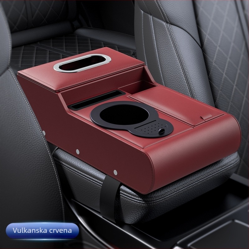 Kožni pretinac za naslon za ruku automobila s povećavajućom kutijom za pohranu, držačem maramica i držačem čaša — univerzalno, prilagodljivo, višenamjenski organizator