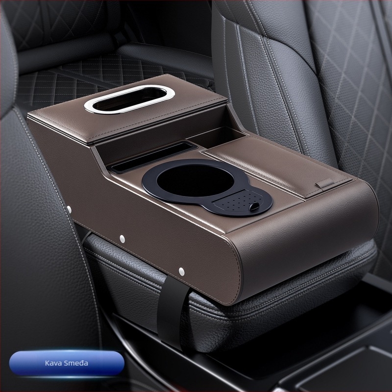 Kožni pretinac za naslon za ruku automobila s povećavajućom kutijom za pohranu, držačem maramica i držačem čaša — univerzalno, prilagodljivo, višenamjenski organizator