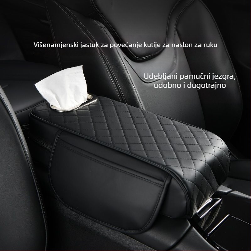 Auto naslonac s pojačanom jastučićem, torbom za pohranu i kutijom za maramice – 3-in-1; PVC; univerzalni model; prilagodljivo