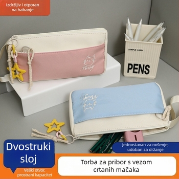 Pernica s mačićem u šivanom uzorku, minimalistički dizajn, velika kapacitet, nišna školska potreba, kutija za olovke, visoka estetika