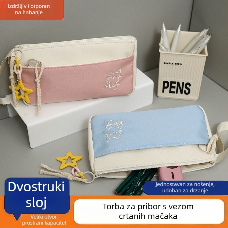 Pernica s mačićem u šivanom uzorku, minimalistički dizajn, velika kapacitet, nišna školska potreba, kutija za olovke, visoka estetika