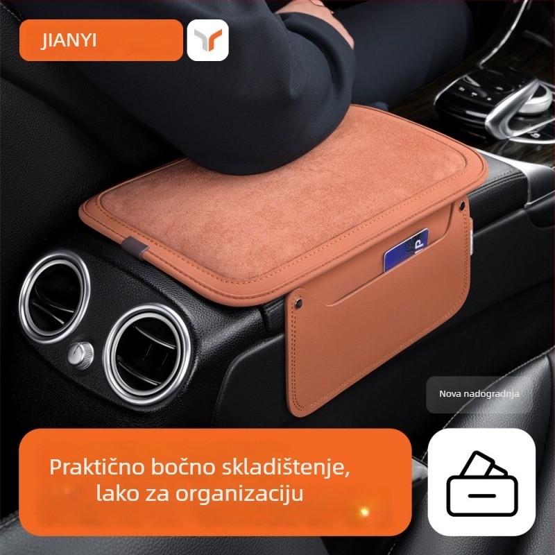 Auto jastučić za naslon za ruku s izvezenim suede materijalom i džepom za pohranu (Materijal: Suede; Kompatibilnost: BYD, VW, Toyota, Geely, Wuling; Za sve sezone)