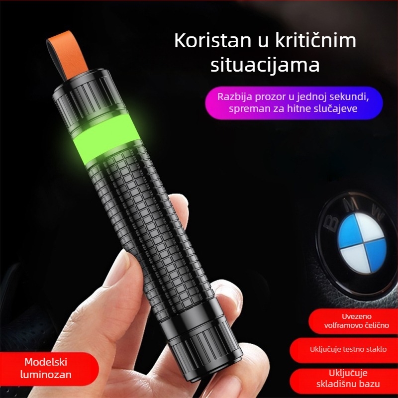 Automobilski čekić za razbijanje prozora, 2-u-1 s rezačem, aluminijska legura + ABS, svjetleći