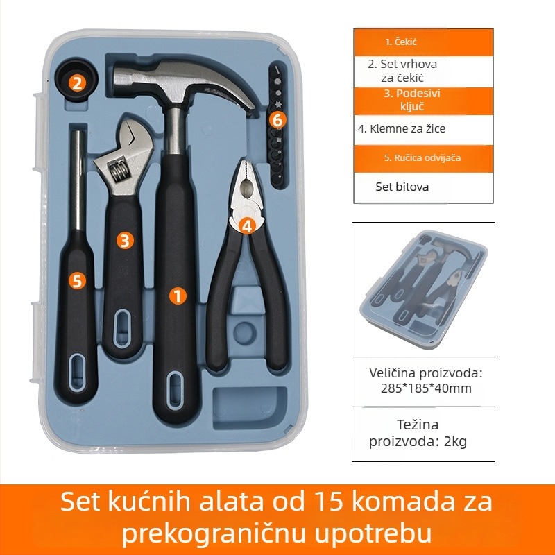 Set alata za kućanstvo, 15-dijelni, čelik krom-vanadij, višenamjenski za kućne popravke