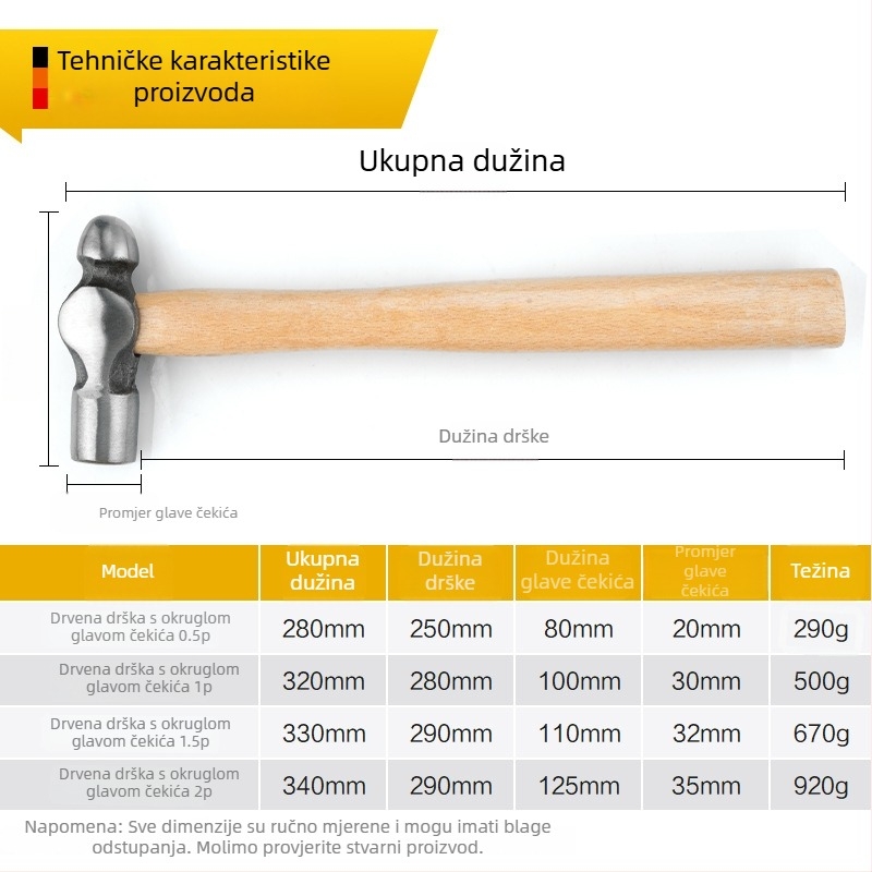 Čekić za kuću s okruglom glavom, glava od visokouhljičnog čelika; otporan na udarce; težina 0,32 kg; za gradnju, gradilište, kućnu upotrebu i nužne situacije.