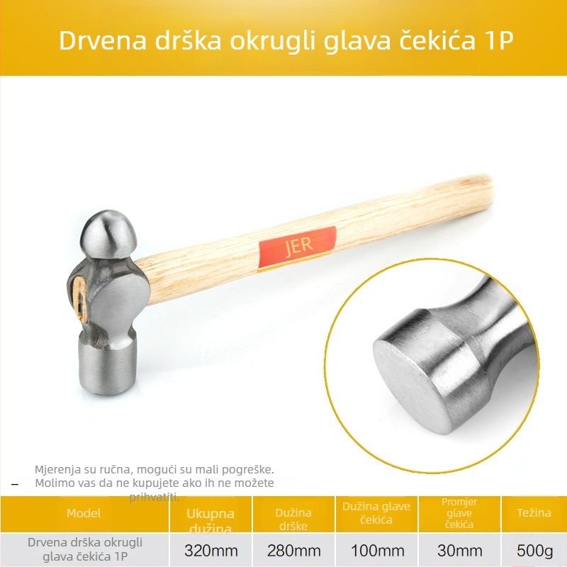 Čekić za kuću s okruglom glavom, glava od visokouhljičnog čelika; otporan na udarce; težina 0,32 kg; za gradnju, gradilište, kućnu upotrebu i nužne situacije.