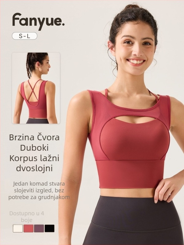 Sportski grudnjak s dubokim V, nude dojam, mrežasti materijal, križni stražnji dio, odvlaživanje vlage, 81% najlon + 19% spandeksa, čvrste umetke