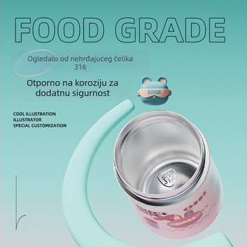 Izolirana šalica s dvostrukim slamkom i kapom na preklop (unutarnji 316 nehrđajući čelik; vanjski 201 nehrđajući čelik; izolacija 6–12 sati)