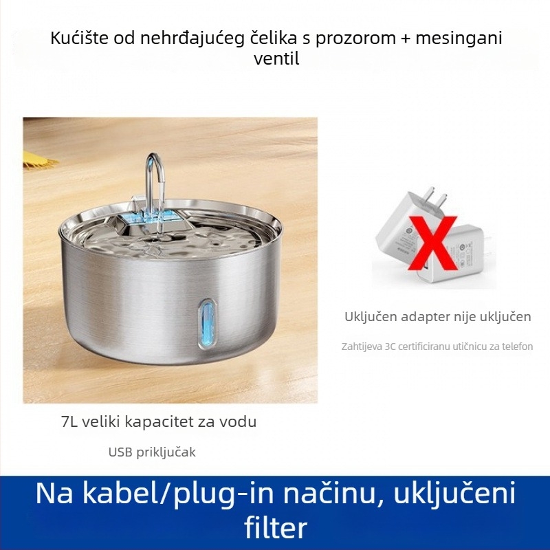 Dispenzer za vodu za mačke i pse s automatskim filtriranjem i kruženjem vode, od nehrđajućeg čelika, žično napajanje