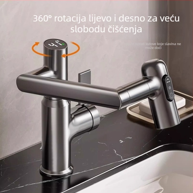 Slavina za umivaonik s digitalnim zaslonom, miješanje tople i hladne, bakreno tijelo, model Lucky Cat, 0–90°C, 1.2 MPa, keramički diskasti ventil