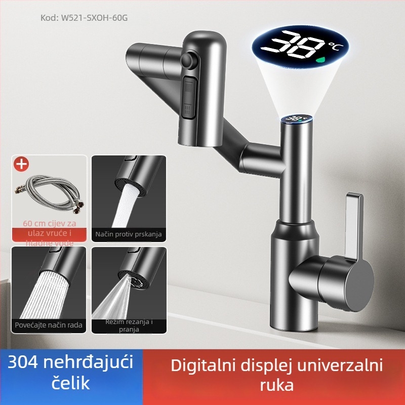 Slavina za umivaonik s digitalnim zaslonom, miješanje tople i hladne, bakreno tijelo, model Lucky Cat, 0–90°C, 1.2 MPa, keramički diskasti ventil